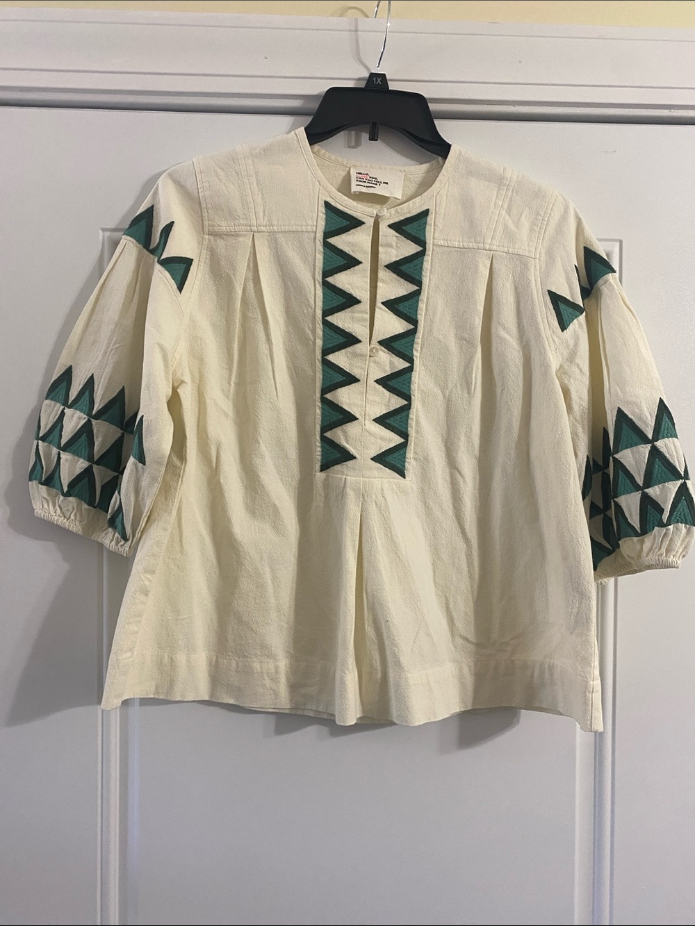 Cream Embroidered Peasant Blouse with Teal Geometric Accentsl